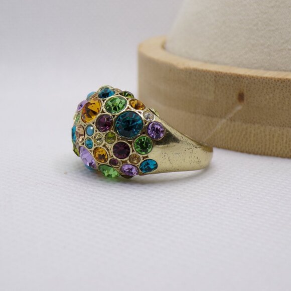 Fossil Brand Gold Tone Colorful Rhinestone Dome Ring Size 8 - Picture 8 of 9